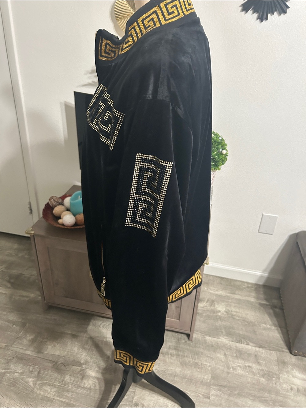 Black Velvet Bomber Jacket with Gold Greek Key Trim - Picture 5 of 10